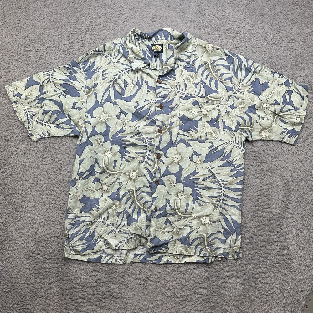 Vintage Tommy Bahama Hawaiian Shirt Mens XL Blue Floral Short Sleeve Linen